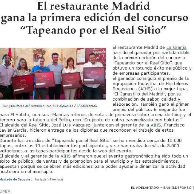 Restaurante Madrid gana el concurso \"Tapeando por el Real Sitio\"
