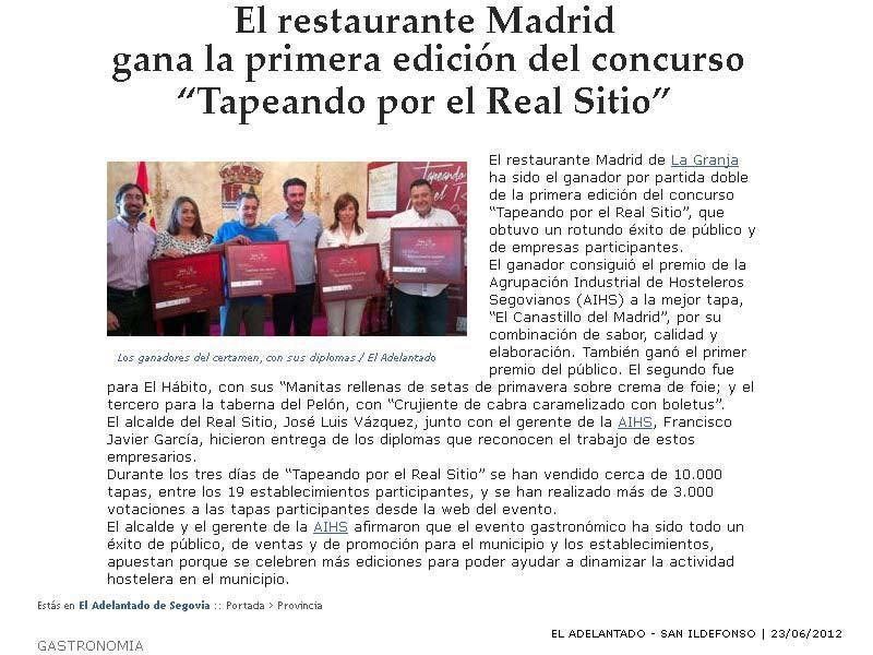 Restaurante Madrid gana el concurso \"Tapeando por el Real Sitio\"